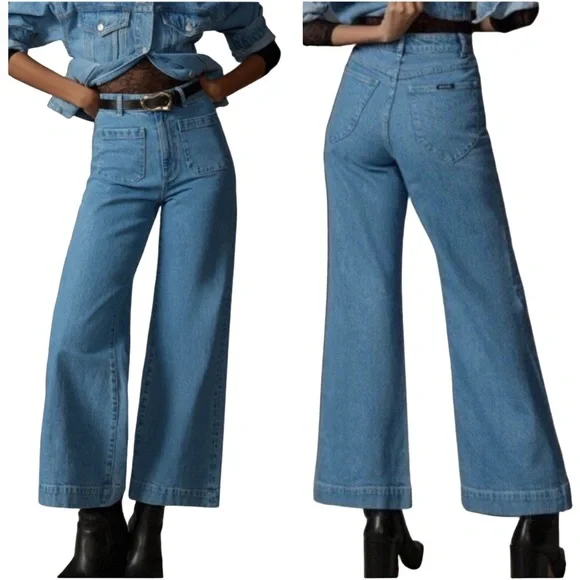 ROLLA’S High Rise Wide Leg Jeans Plus Size 34 Cotton Stretch Blue Cropped Denim - Picture 8 of 16